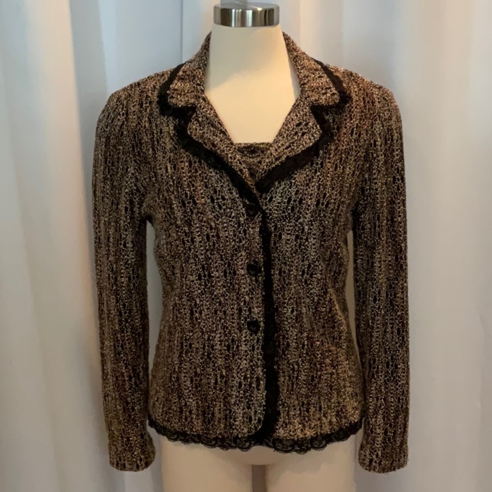 Coldwater Creek Black Tan Knit Lace Trim Jacket & Tank Camisole Women Size M